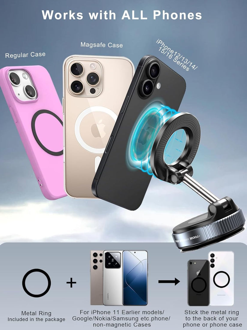 360° Folding Magnetic Phone Holder with Vacuum Suction | Strong Dashboard & Windshield Car Mount | Adjustable Mobile & Desk Stand