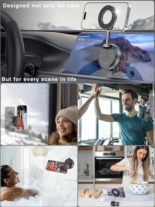 360° Folding Magnetic Phone Holder with Vacuum Suction | Strong Dashboard & Windshield Car Mount | Adjustable Mobile & Desk Stand