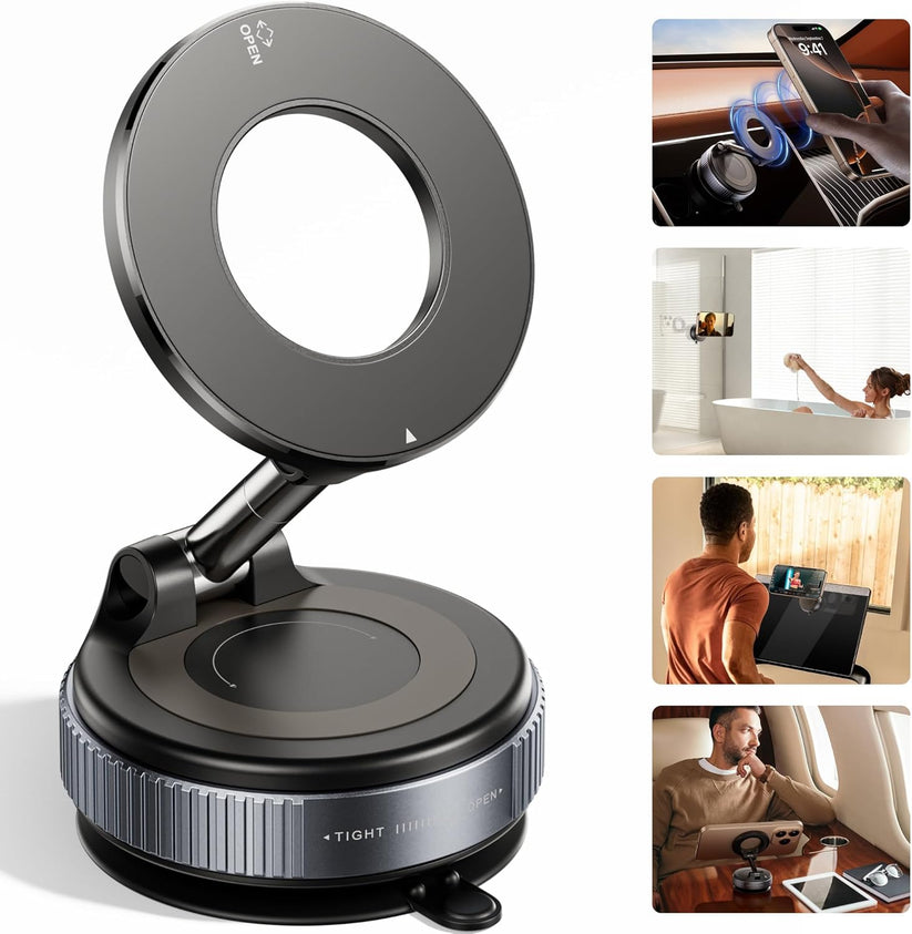 360° Folding Magnetic Phone Holder with Vacuum Suction | Strong Dashboard & Windshield Car Mount | Adjustable Mobile & Desk Stand